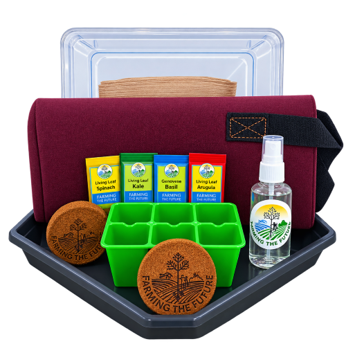 A Farming the Future gardening kit displayed on a black tray, featuring a burgundy fabric pouch, a green 6-compartment mold, two brown coconut coir pots, four colorful Living Leaf Seed Pack boxes, a clear plastic storage container, and a small clear spray bottle.