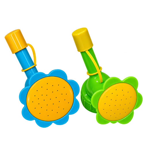 Two plastic flower-shaped watering cans on a plain white background. One watering can is blue with a yellow top and cap, and the other is green with a yellow top and cap.