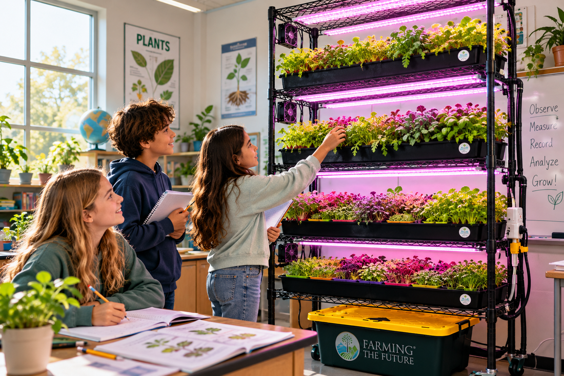 Students exploring a hydroponic grow rack