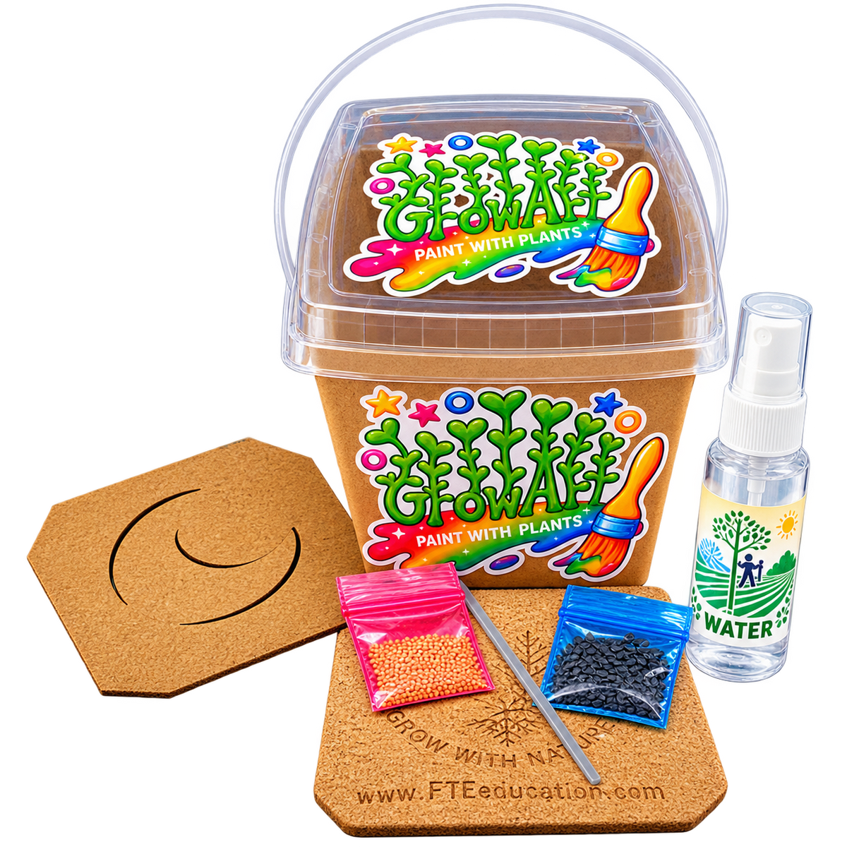 GrowArt classroom seed art kit with colorful microgreens, planting supplies, and paint-your-own container for hands-on K-12 STEM and art learning.