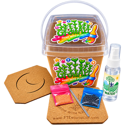 GrowArt classroom seed art kit with colorful microgreens, planting supplies, and paint-your-own container for hands-on K-12 STEM and art learning.