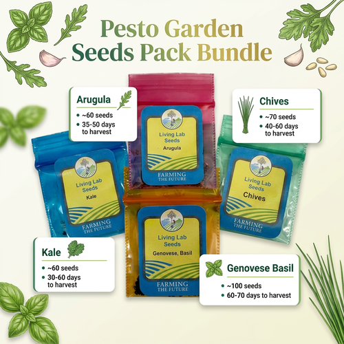 Pesto Garden Seeds Pack Bundle featuring five individual seed packets for Arugula, Chives, Kale, Genovese Basil, and Kenzve Basil, arranged on a light cream background with green herb illustrations.