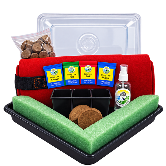 Grow a self contained Pesto garden with Farming the Future in a fabric grow bag planter which holds a mixed garden of green plants, including basil, garlic chive, arugula, and kale