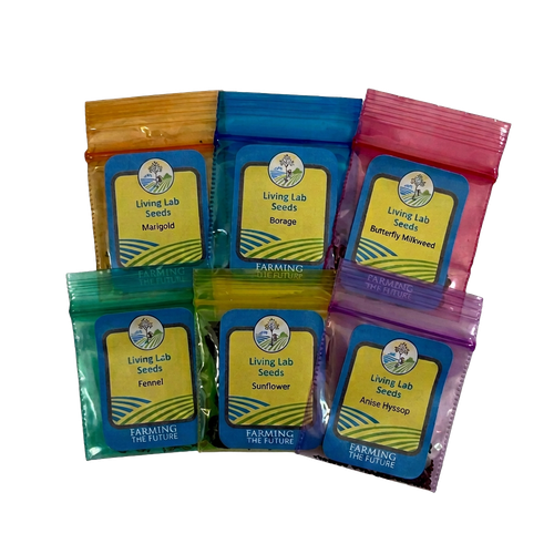 Six resealable seed packets arranged in two rows on a plain white background. The packets are colorful and labeled with the Living Lab Seeds brand, including Marigold, Borage, Butterfly Milkweed, Fennel, Sunflower, and Asian Milkweed.