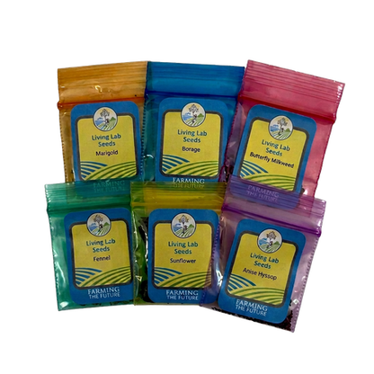 Six resealable seed packets arranged in two rows on a plain white background. The packets are colorful and labeled with the Living Lab Seeds brand, including Marigold, Borage, Butterfly Milkweed, Fennel, Sunflower, and Asian Milkweed.