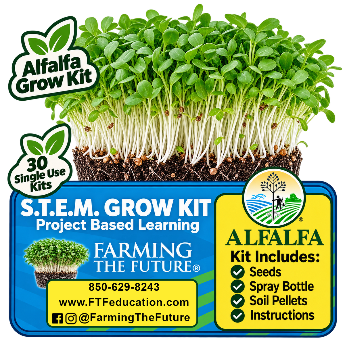 Alfalfa Grow Kit educational project-based learning kit by Farming The Future, featuring a live alfalfa sprout plant on a white background with a blue and yellow product information label below it.