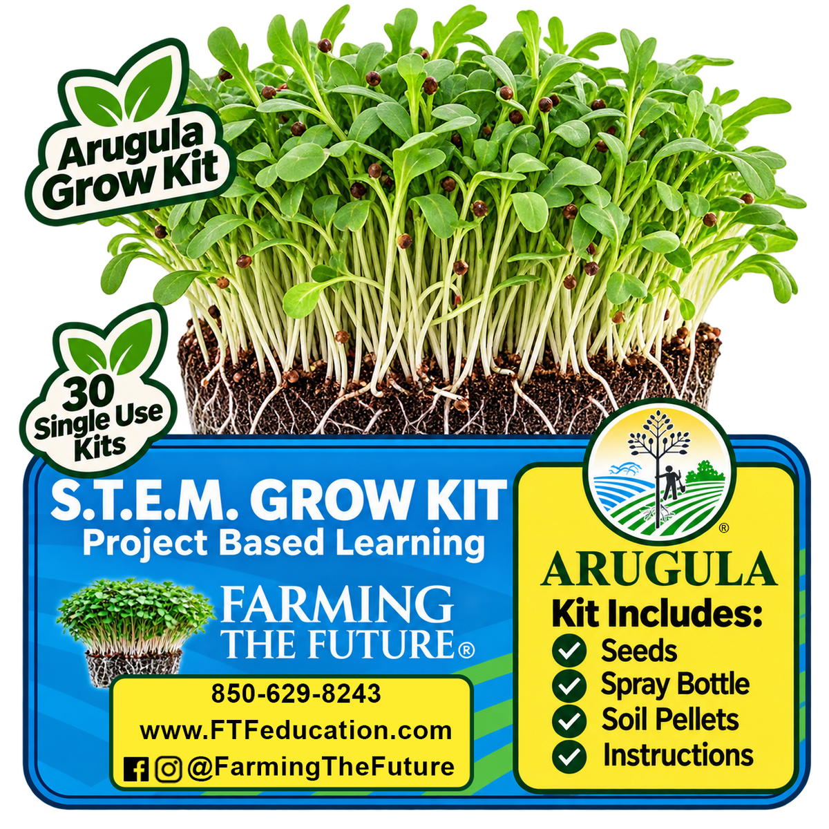 Arugula Grow Kit educational project-based learning kit by Farming The Future, featuring live arugula sprouts, seeds, soil pellets, a spray bottle, and instructions on a blue and yellow graphic background.