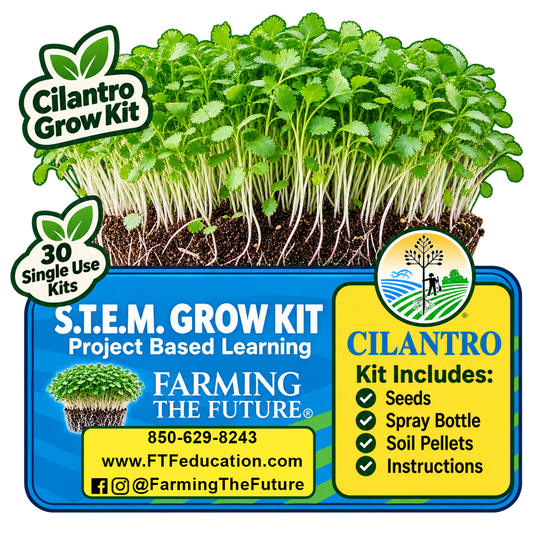 Cilantro STEM grow kit for K-12 classrooms with 30 student gardening kits for hands-on, project-based learning by Farming the Future.