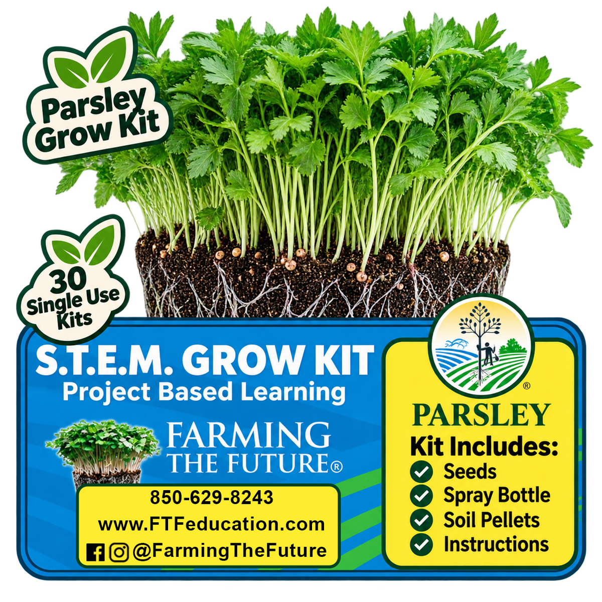 Parsley STEM grow kit for K-12 classrooms with 30 student gardening kits for hands-on, project-based learning by Farming the Future.