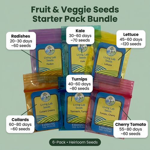 A 6-pack bundle of Living Lab Seeds fruit and veggie seeds in colorful resealable pouches, arranged on a sage green background with white callout labels showing the variety and approximate seed counts for each plant.