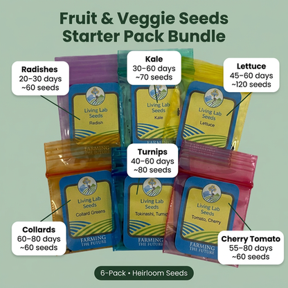 A 6-pack bundle of Living Lab Seeds fruit and veggie seeds in colorful resealable pouches, arranged on a sage green background with white callout labels showing the variety and approximate seed counts for each plant.