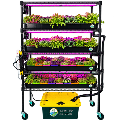 A 5-tier black wire herb garden rack on wheels with integrated purple LED grow lights and a yellow-and-green drip irrigation bin. The shelves are stocked with various green herbs and small plants, photographed against a solid white background.