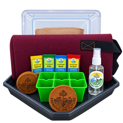A Farming the Future gardening kit displayed on a black tray, featuring a burgundy fabric pouch, a green 6-compartment mold, two brown coconut coir pots, four colorful Living Leaf Seed Pack boxes, a clear plastic storage container, and a small clear spray bottle.