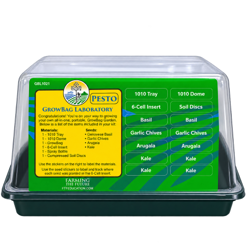 Pesto Growbag Laboratory seed starting kit in a clear plastic clamshell container with a green and yellow label 