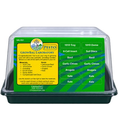Pesto Growbag Laboratory seed starting kit in a clear plastic clamshell container with a green and yellow label 