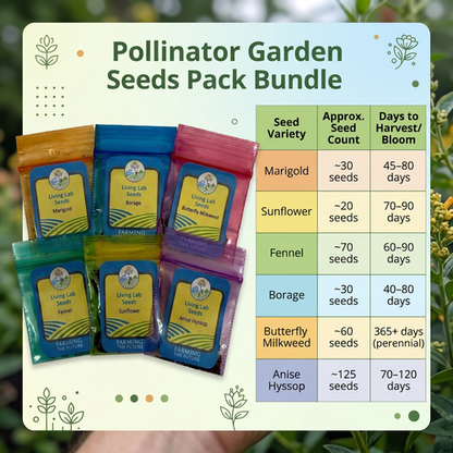 Living Lab Seeds: Pollinator Garden Seed Pack — Milkweed, Marigold, Sunflower, Borage, Fennel & Anise Hyssop