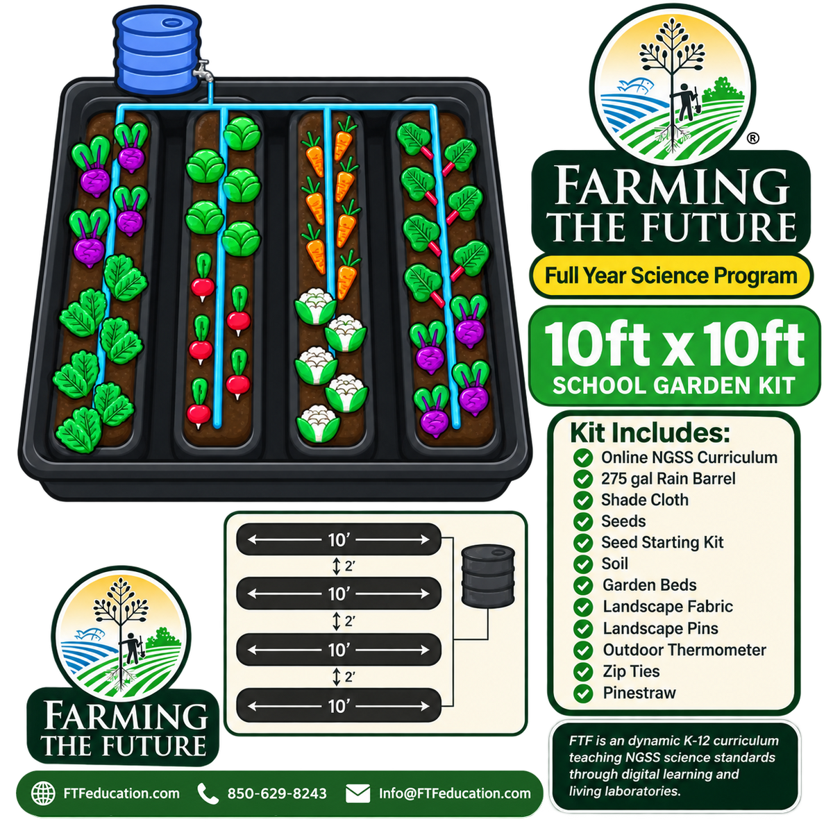 10ft x 10ft School Garden Kit showing four raised garden beds for a full year of hands-on, project-based STEM learning by Farming the Future.