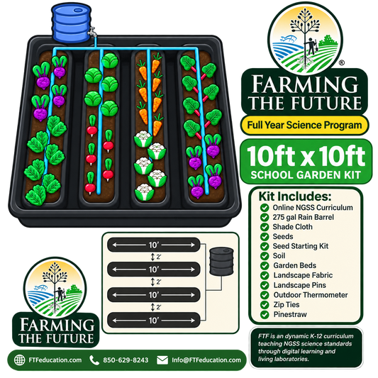 10ft x 10ft School Garden Kit showing four raised garden beds for a full year of hands-on, project-based STEM learning by Farming the Future.