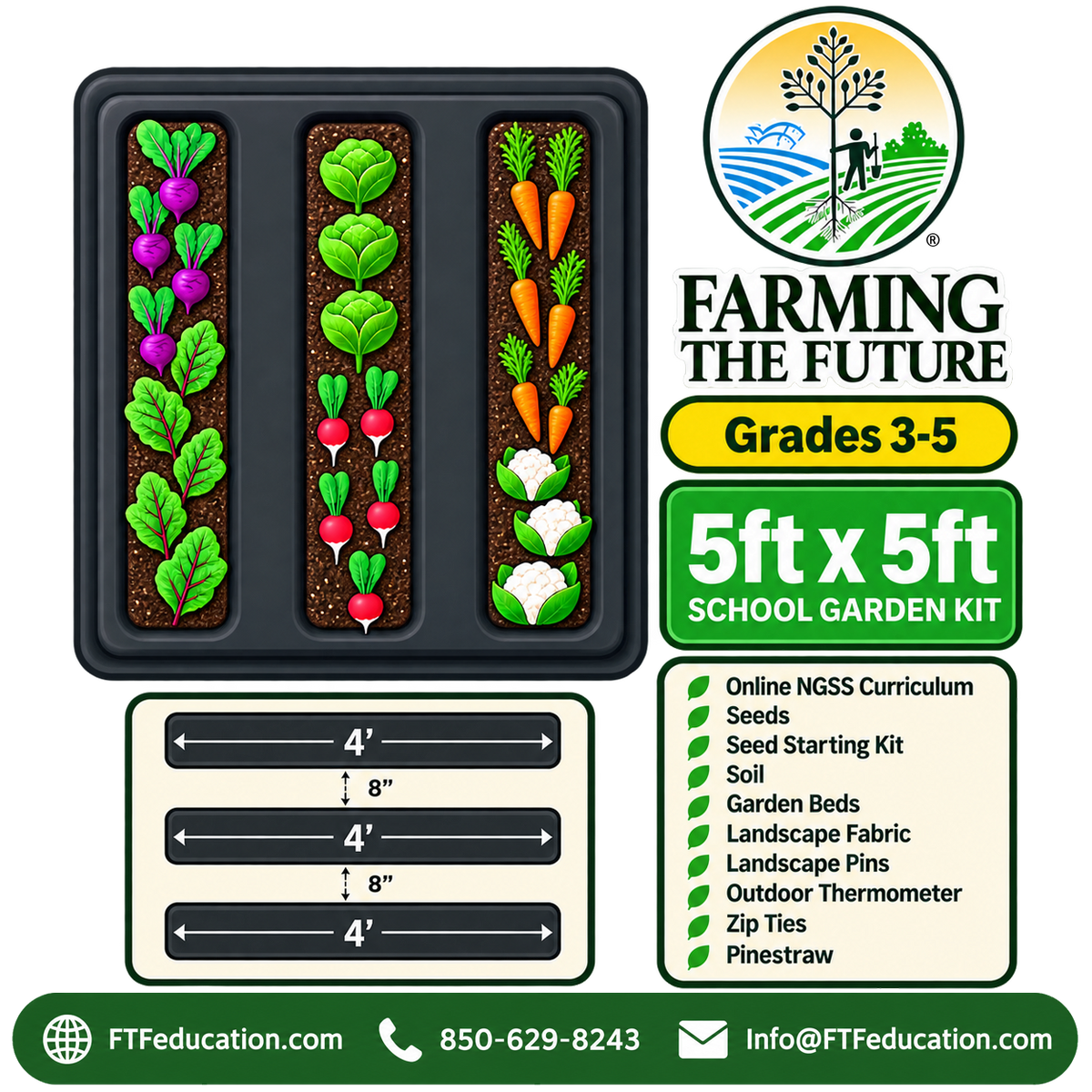 5ft x 5ft School Garden Kit for grade 3-5 showing three raised garden beds for hands-on, project-based STEM learning by Farming the Future.