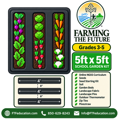 5ft x 5ft School Garden Kit for grade 3-5 showing three raised garden beds for hands-on, project-based STEM learning by Farming the Future.