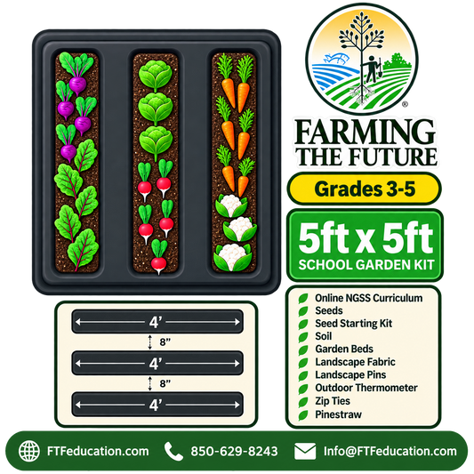 5ft x 5ft School Garden Kit for grade 3-5 showing three raised garden beds for hands-on, project-based STEM learning by Farming the Future.
