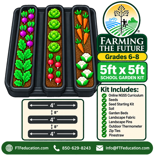 5ft x 5ft School Garden Kit for grade 6-8 showing three raised garden beds for hands-on, project-based STEM learning by Farming the Future.