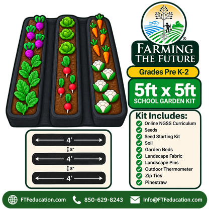 5ft x 5ft School Garden Kit for PreK-2 showing three raised garden beds for hands-on, project-based learning by Farming the Future.