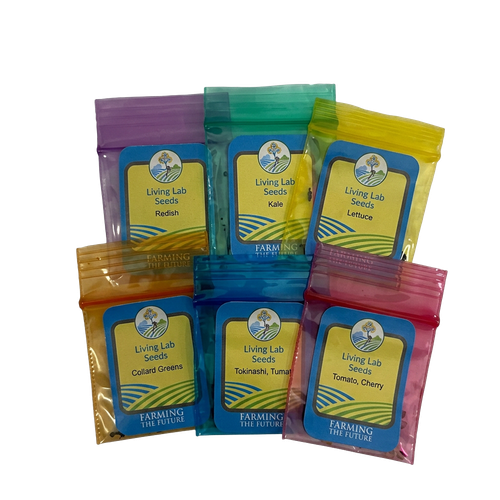 Seven resealable plastic seed packets in assorted colors arranged in a cluster on a white background. Each packet has a blue label with a tree logo and text including 'Living Lab Seeds' and 'Farming the Future.