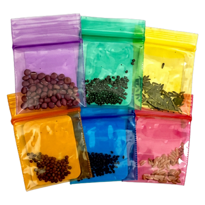 Six translucent plastic seed packets in different colors (purple, green, yellow, orange, blue, pink) arranged in a grid, containing various small seeds and botanical pieces.
