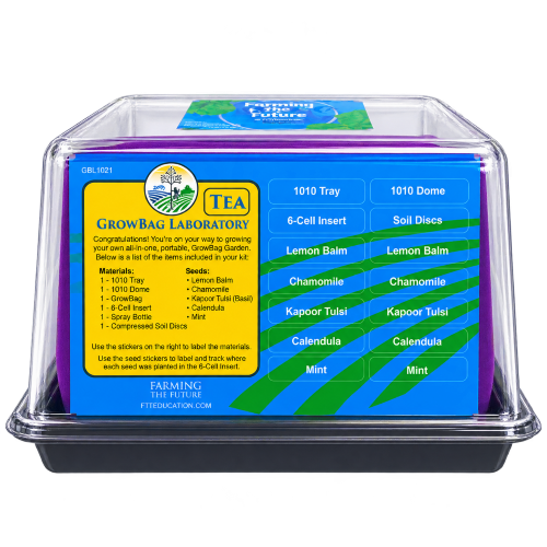 Grow a self contained tea garden with Farming the Future in a fabric grow bag planter which holds a mixed garden of green plants, including lemon balm, Mint,  chamomile  and Calendula.