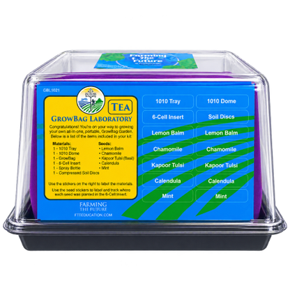 Grow a self contained tea garden with Farming the Future in a fabric grow bag planter which holds a mixed garden of green plants, including lemon balm, Mint,  chamomile  and Calendula.
