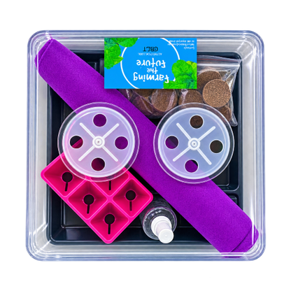 Grow a self contained tea garden with Farming the Future in a fabric grow bag planter which holds a mixed garden of green plants, including lemon balm, Mint,  chamomile  and Calendula.