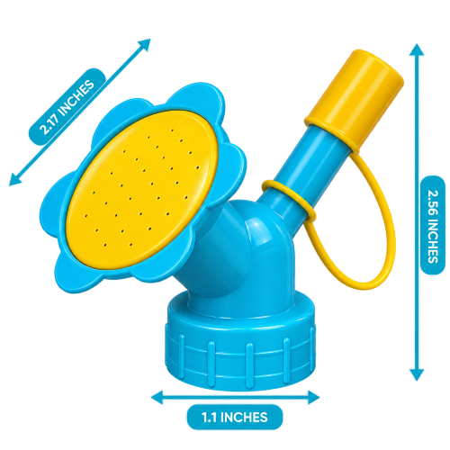 A blue and yellow plastic flower-shaped sprinkler or watering can screw on lid with blue dimension arrows and labels showing measurements of 2.56 inches tall, 1.1 inch wide